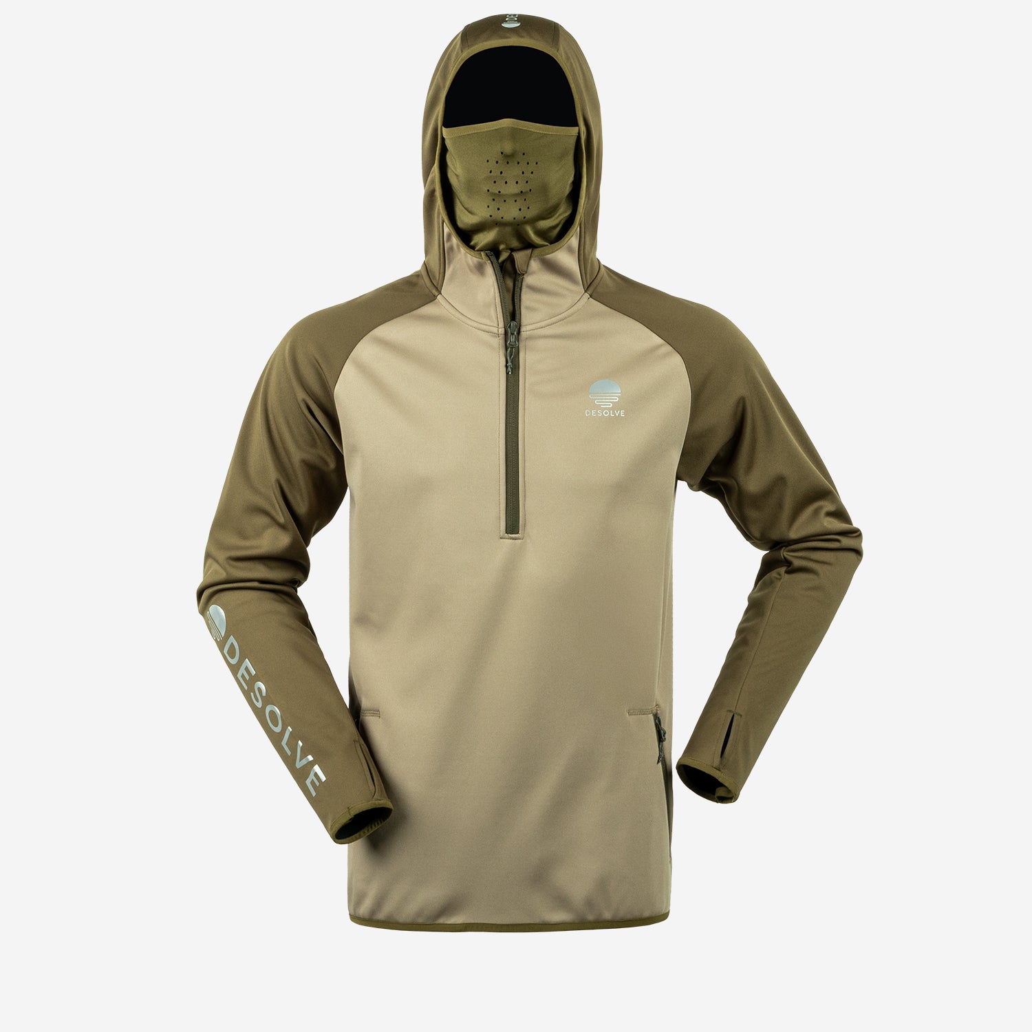 Khaki and brown jacket with a brand logo on a white background