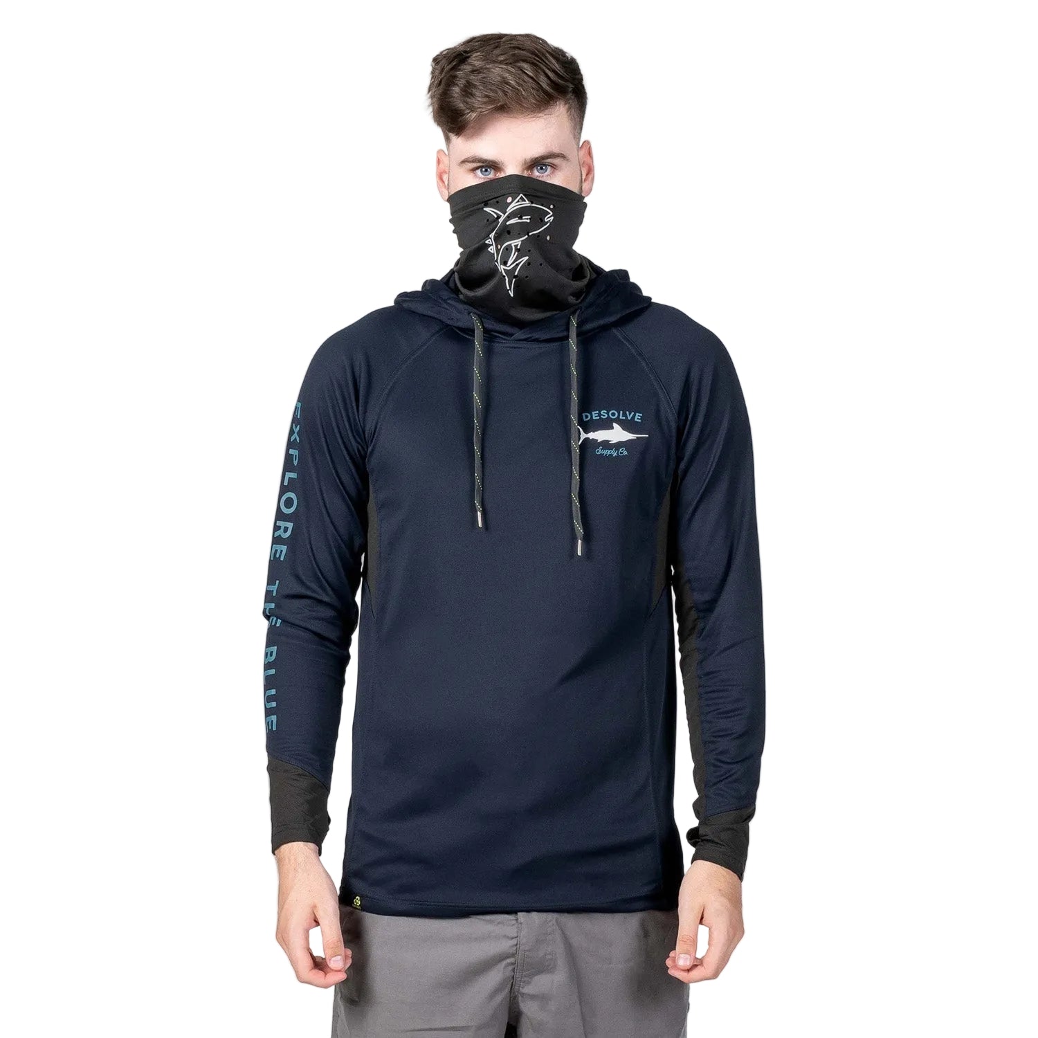 A person wearing a black Fish Face Hoodie with the hood up and a face mask integrated into the design.