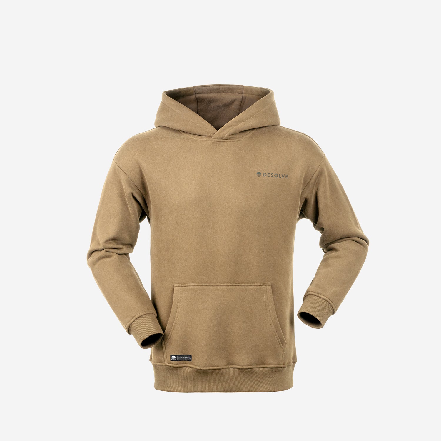 Beige hoodie with a Desolve logo on a light gray background