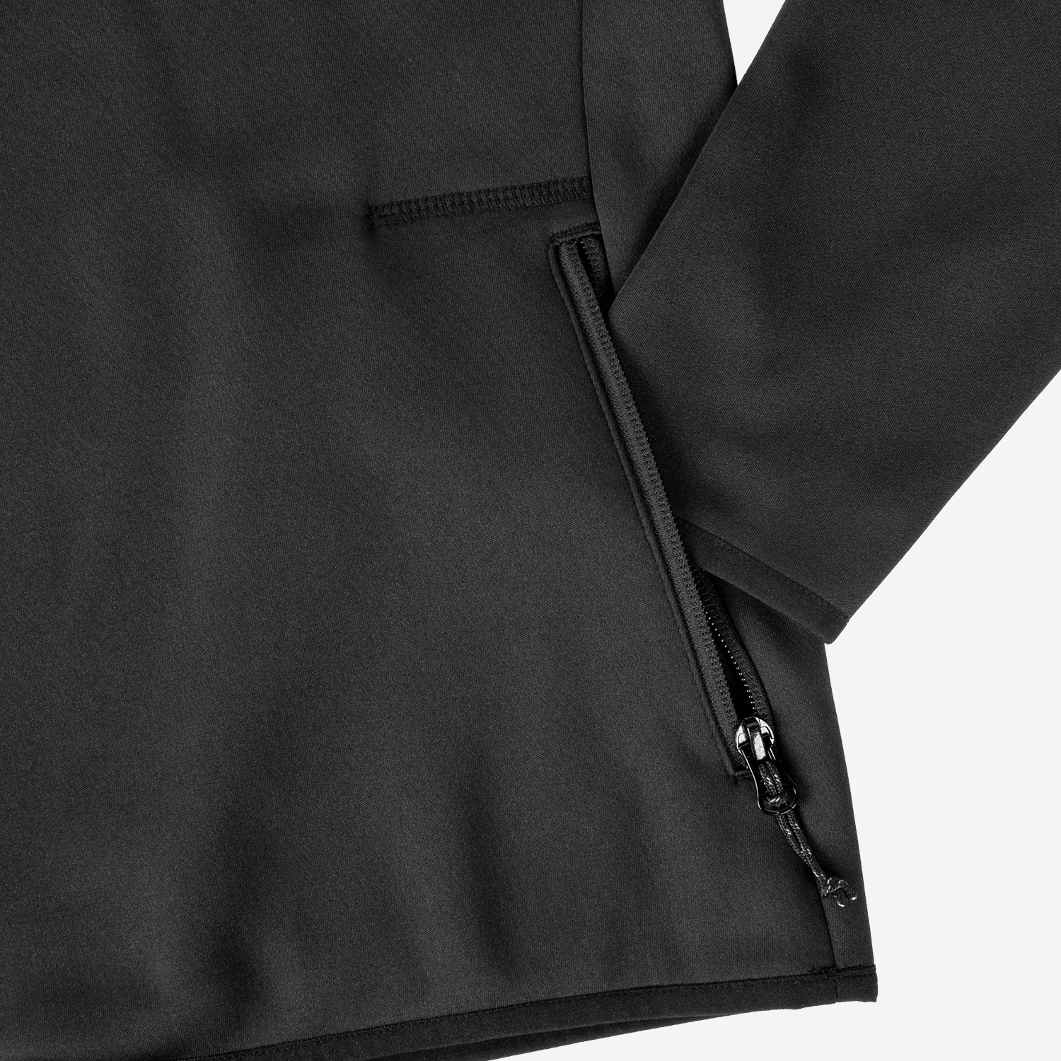 Close-up of a black jacket with a zipper on a white background