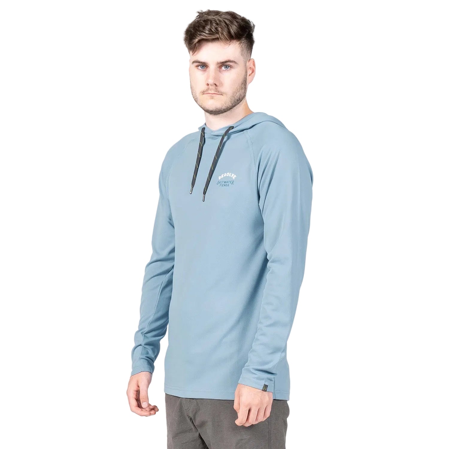 A male model wearing a long-fit, hooded Breaker hoodie in blue color, with a graphic on the chest and made from recycled polyester fabric.