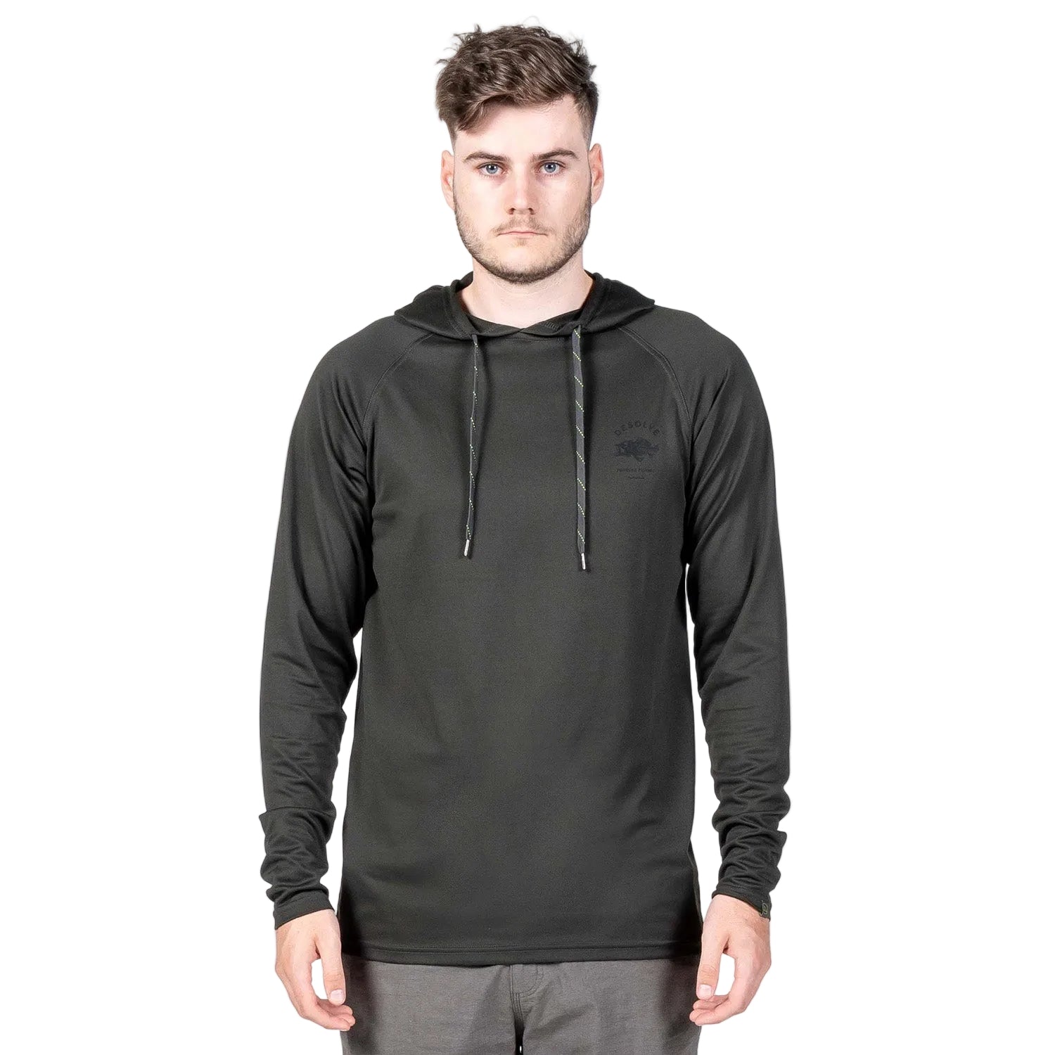 A male model wearing a long fit hoodie in blue color with a hood, long sleeves, and a screen print on the front. There is a text on the image saying 'MADE FROM RECYCLED PLASTIC FIBERS' and 'UPF 30+' indicating the hoodie's sun protection and quick drying features.