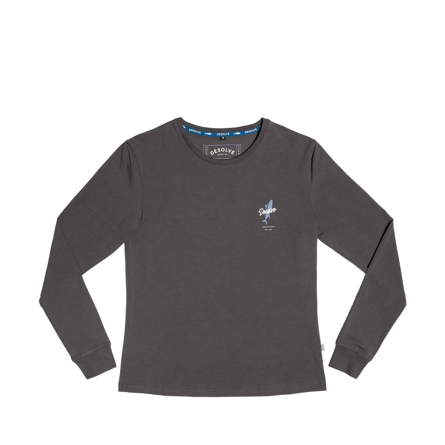 A women's long-sleeved gray t-shirt with a screen print design in the front, collar with a blue trim, and a small brand logo on the sleeve.