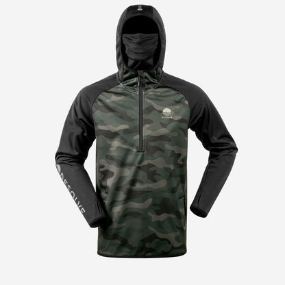 Camouflage jacket with black accents on a white background