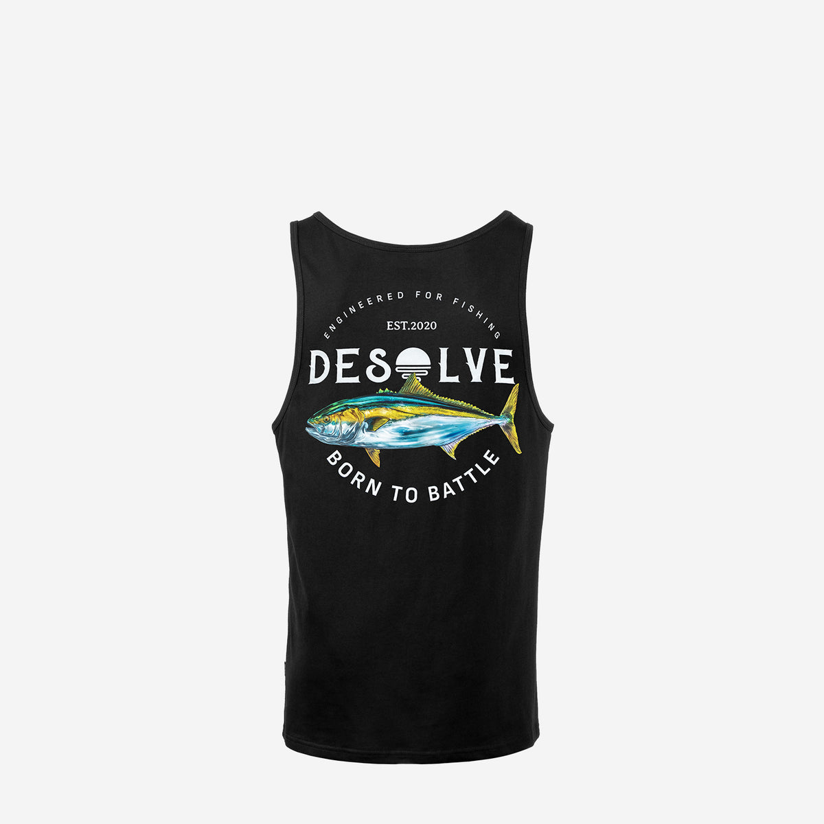 Black tank top with fishing-themed design on a white background