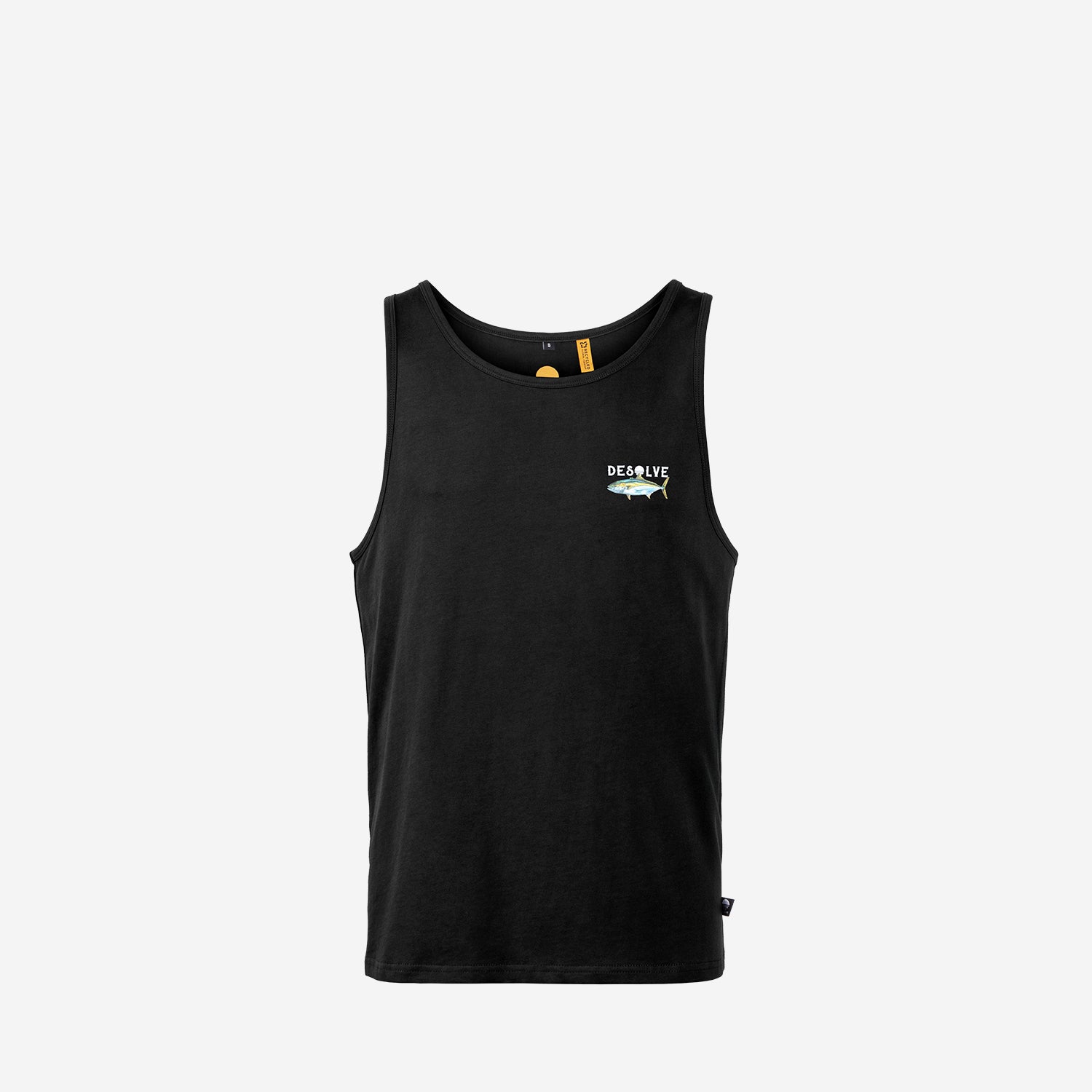 Black tank top with a logo on a light gray background