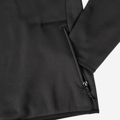 Close-up of a black jacket with a zipper on a white background